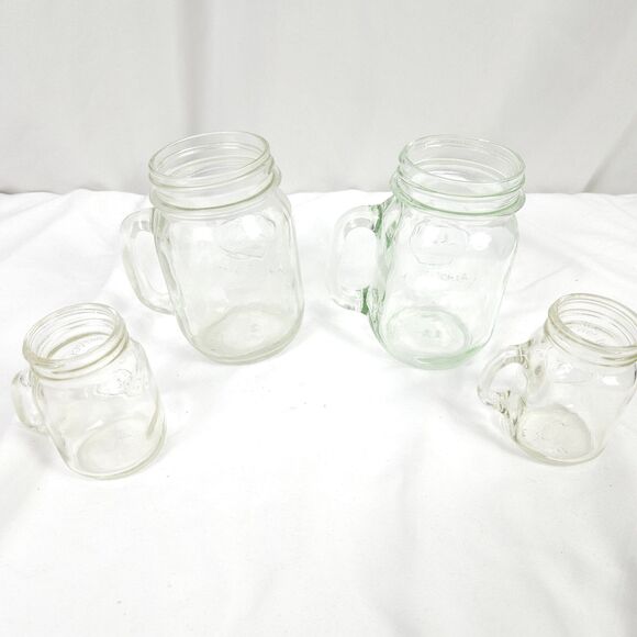 VTG Set of 4 Golden Harvest Mason Drinking Jar with Handles Green & Clear Glass - Picture 2 of 12